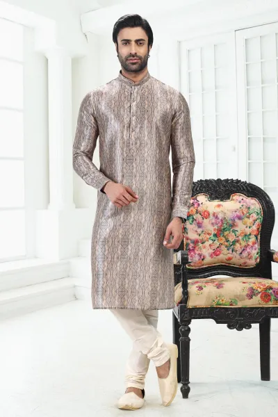 Banarasi Silk Fabric Dark Beige Color Wedding Wear Digital Print Readymade Designer Men Kurta Pyjama