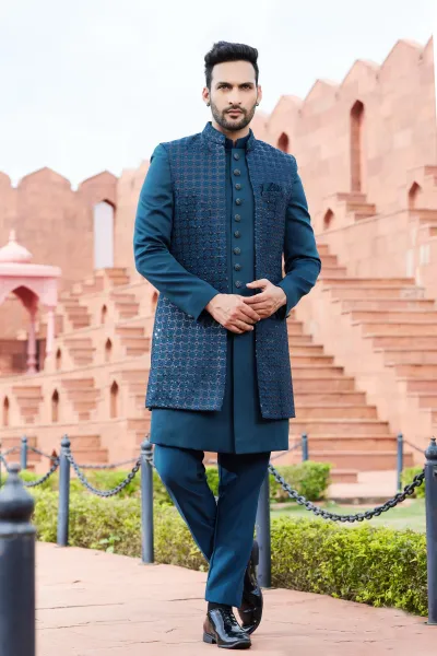 Art Silk Fabric Teal Color Wedding Wear 3 Piece Jacket For Men