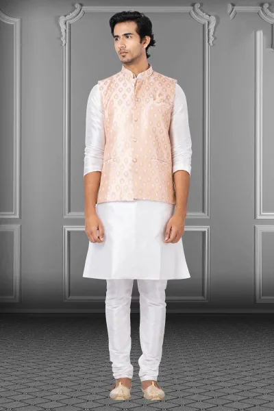 Dhupion Raw Silk Fabric White Color Festive Wear Readymade Stunning Kurta Pyjama For Men With 3 Pcs Jacket Set