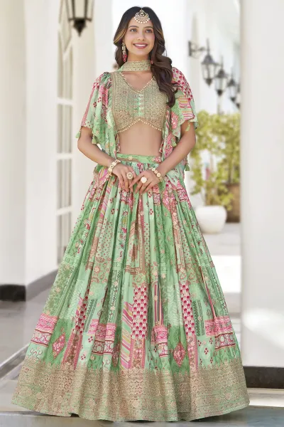 Green Chinon Silk Printed Lehenga Choli Set