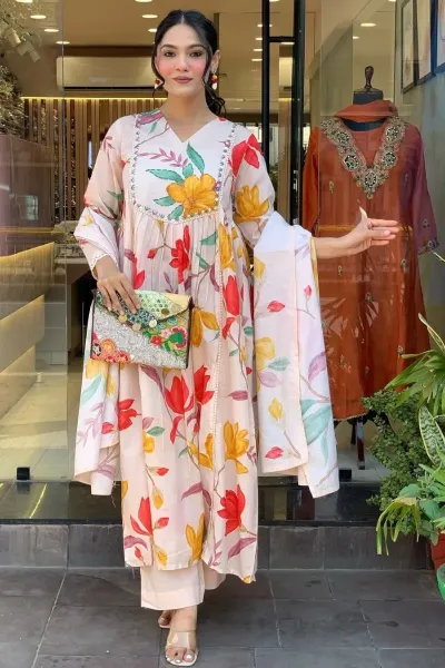 Peach Cotton Embroidered Designer Kurta Set