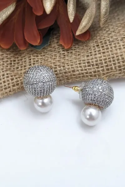 White Alloy Metal American Diamond-Studded Earrings