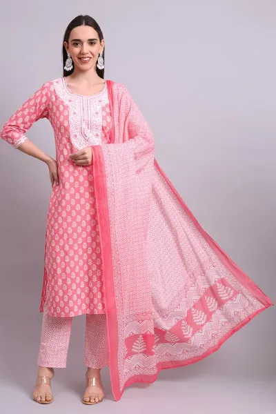 Peach Cotton Batik Print Casual Kurta Set With Dupatta