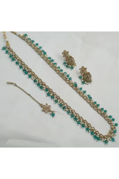 Sea Green Alloy Metal Stone-Studded Necklace & Earrings with Mang Tikka Set