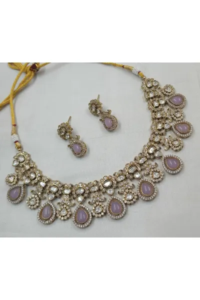 Mauve Alloy Metal Stone-Studded Necklace with Earrings Set