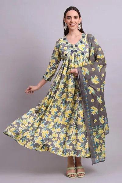 Grey Cotton Floral Print Anarkali Dress with Dupatta