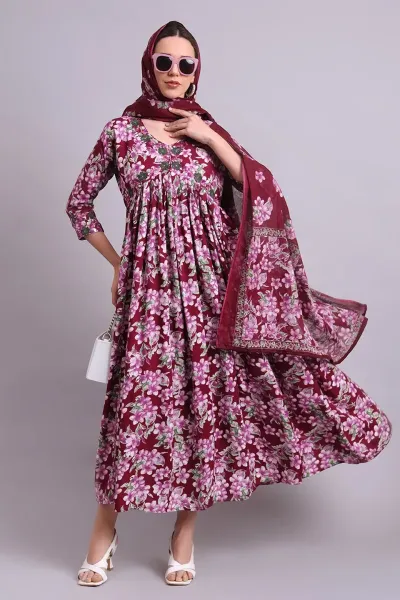 Purple Cotton Floral Print & Embroidered Anarkali Dress with Dupatta