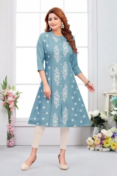 Denim Heavy Muslin Embroidery Kurta