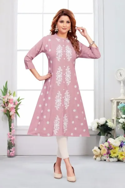Peach Heavy Muslin Embroidery Kurta