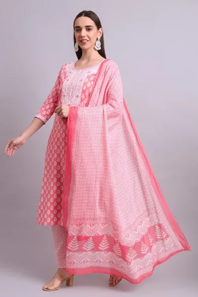 Peach Cotton Floral Print & Embroidered Kurta Set with Dupatta