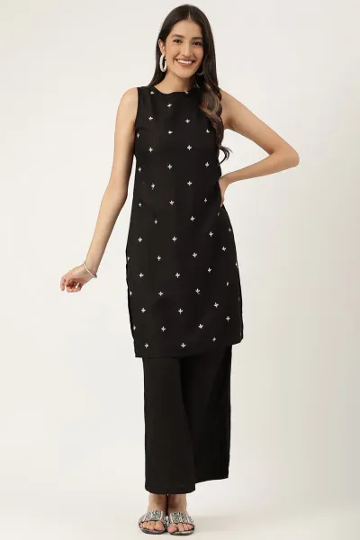 Black Rayon Embroidered Work Straight Kurta Palazzos Set