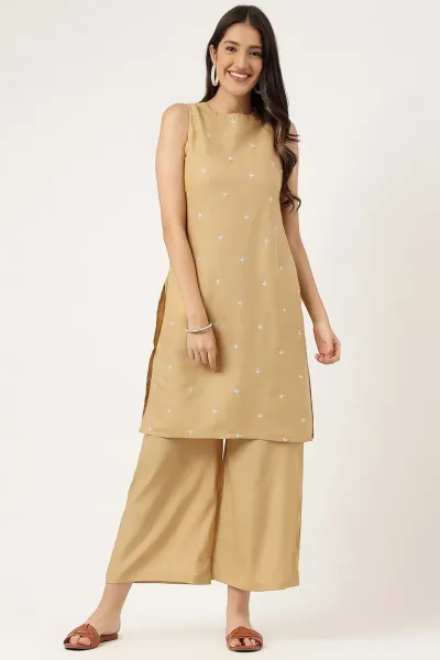 Beige Rayon Embroidered Work Straight Kurta Palazzos Set