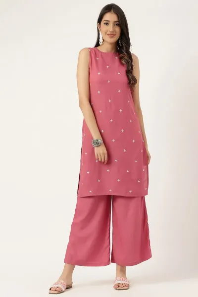 Rust Rayon Embroidered Work Straight Kurta Palazzos Set