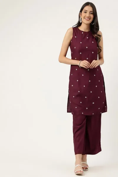 Mahroon Rayon Embroidered Work Straight Kurta Palazzos Set