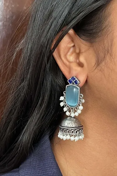 Blue Monalisa Stone Zig-Zag Gold-Toned Earrings