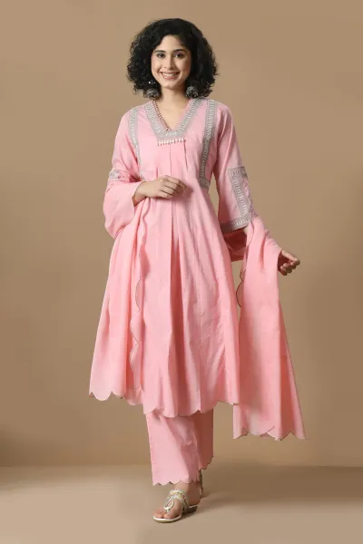 Pink Cotton Embroidered Kurta Set