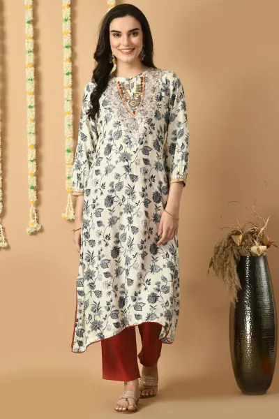 White Muslin Floral Print Kurta Set