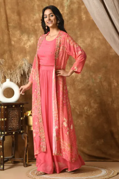 Pink Muslin Embroidered Top & Skirt with Jacket