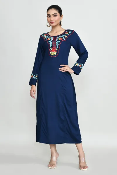 Blue Rayon Round-Neck Embroidered Kurta