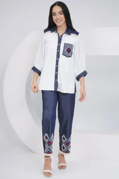 White Rayon Crepe Patch Work Collar Neck Shirt With Pants