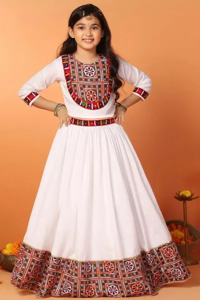 White Cotton Blend Embroidered Lehenga Choli Set