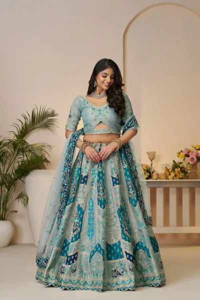 Sky Blue Banarsi Silk Embellished Lehenga Choli Set