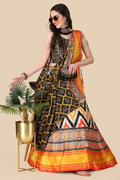 Black Heavy Satin Silk Chevron Print Unstitched Lehenga Set