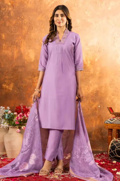 Roman Silk Lavender Designer Readymade Straight Cut Suit