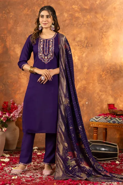 Purple Marina Silk Embroidered Designer Straight Cut Suit