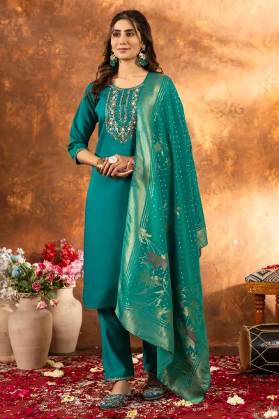 Rama Green Marina Silk Designer Straight Cut Salwar Kameez