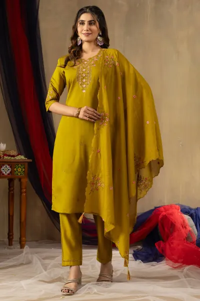 Mustard Roman Silk Embroidered Readymade Straight Cut Suit