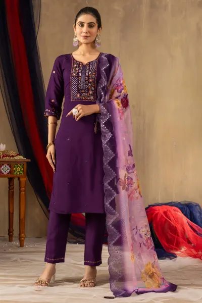 Embroidered Purple Readymade Straight Cut Salwar Kameez In Roman Silk Fabric