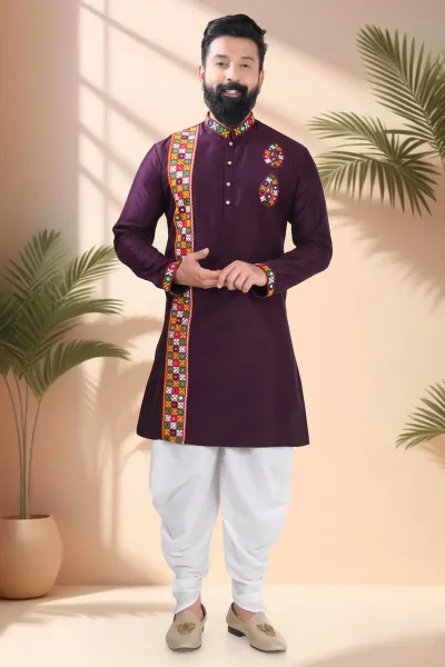 Wine Embroidered Cotton Kurta Set