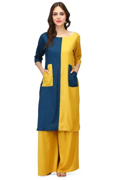Yellow Round-Neck Rayon Colourblock Kurta Set
