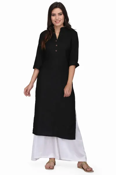 Black Mandarin Collar Rayon Solid Kurta Set