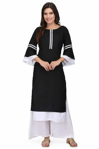 Black Round-Neck Rayon Solid Kurta Set
