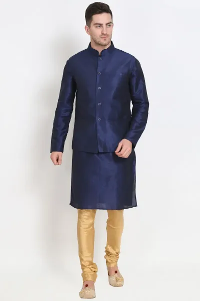 Dupion Silk Navy Blue Colour Solid Kurta Churidar And Nehru Jacket