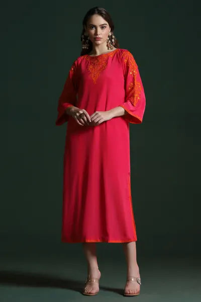 Red Embroidery Crepe Kaftan Kurti