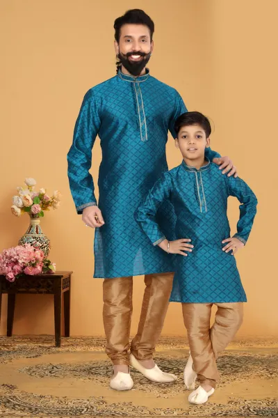 Teal Blue Silk Woven Design Kurta Pajama Father Son Combo
