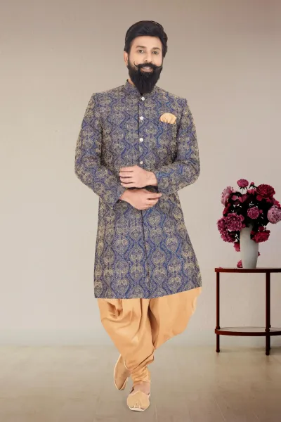 Blue Dhupion Silk Embroidery Kurta with Pants
