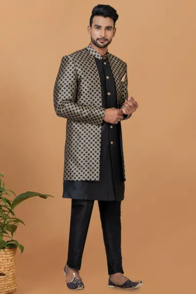 Black Jacquard Silk & Banarasi Dhupion Woven Design Kurta with Pants