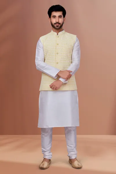 White Banarasi Dhupion Embroidery Kurta with Pants with Waistcoat