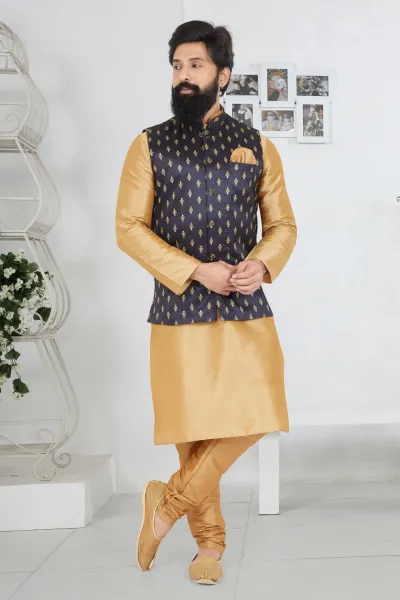 Chiku Banarasi Dhupion Printed Kurta with Churidar & Waistcoat