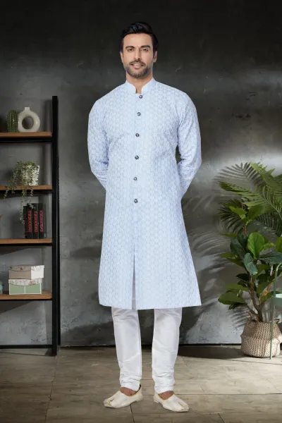 Sky Blue Cotton Embroidered Kurta Pants Set