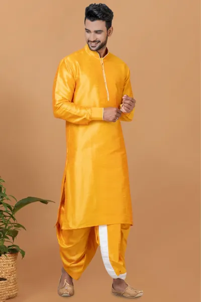 Mustard Yellow Banarasi Dhupion Solid Kurta with Dhoti Set