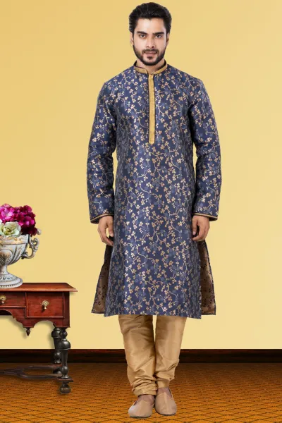 Navy Blue Jacquard Woven Design Kurta with Churidar