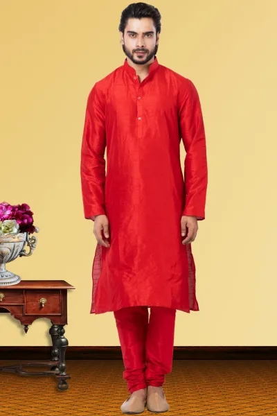 Red Dhupion Raw Silk Solid Kurta with Churidar