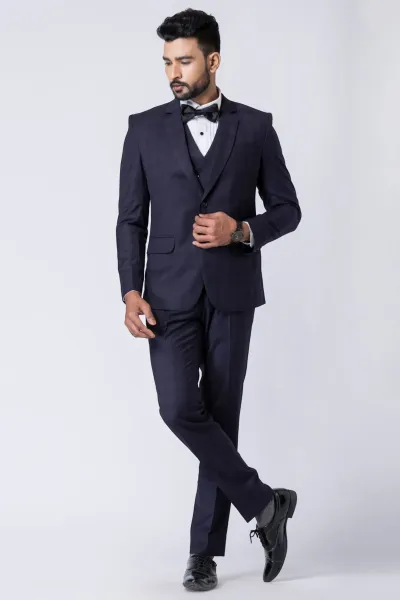 Navy Blue Polyester Blend Solid Suit Set
