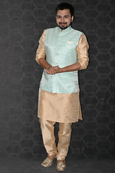 Moss Art Silk Fabric Readymade Men Kurta Pyjama Blue Color Jacket Set