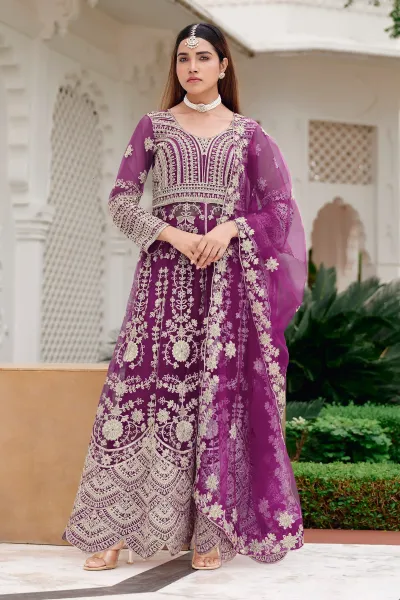 Designer Embroidered Purple Net Readymade Anarkali Dress